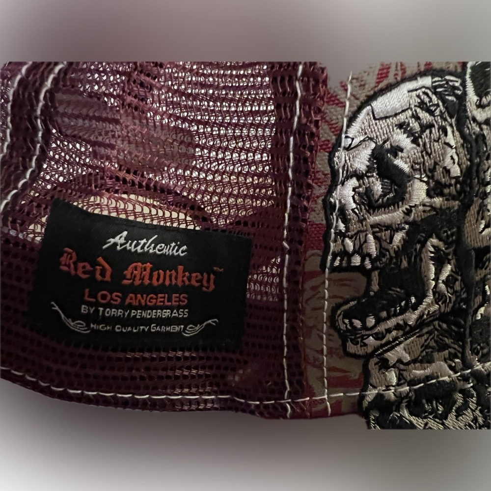 Red Monkey Burgundy Skull Embroidered Cap - Picture 3 of 9